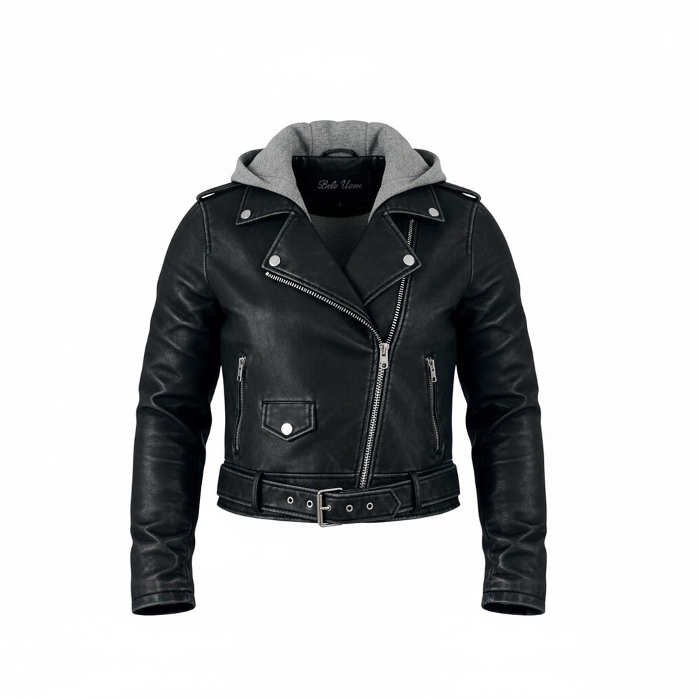 Member Only Black Leather Moto Jacket Gray Hood Size S